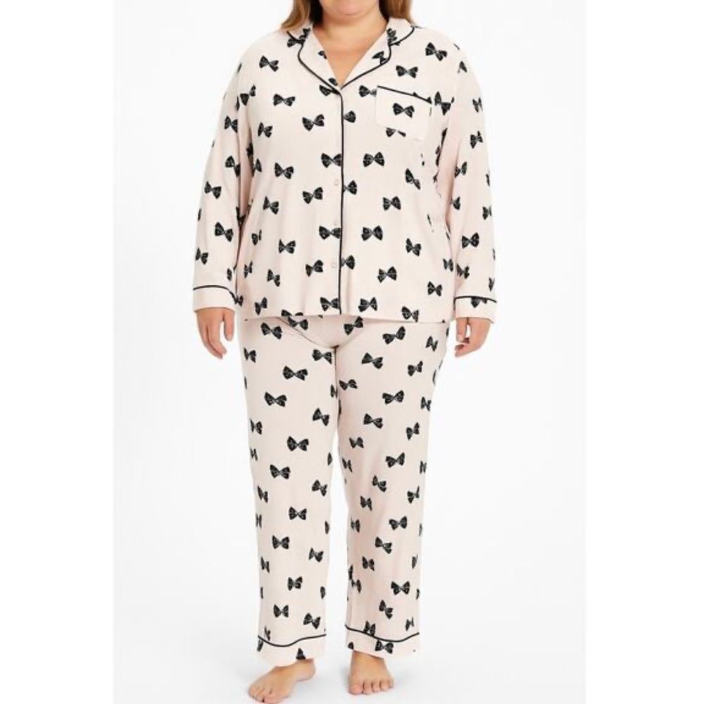 kate spade Blush Pink Black Bow Tie Long Sleeve Notch Collar & Pants PJ Set